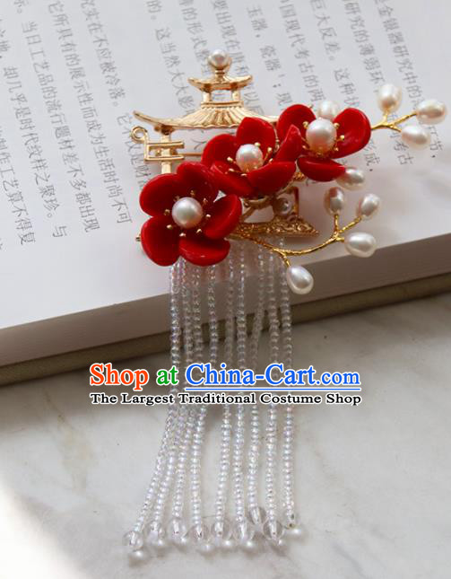 Chinese Ancient Court Red Flowers Tassel Brooch Traditional Princess Hanfu Breastpin Accessories for Women