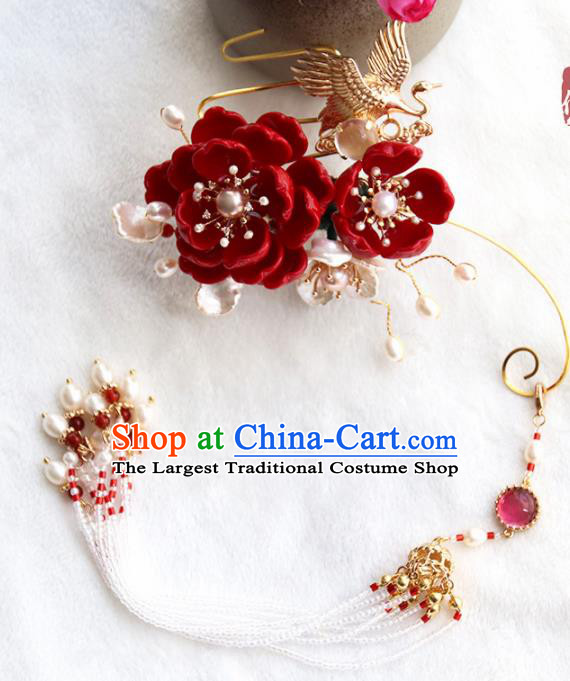 Chinese Ancient Court Red Flowers Crane Tassel Brooch Traditional Princess Hanfu Breastpin Accessories for Women