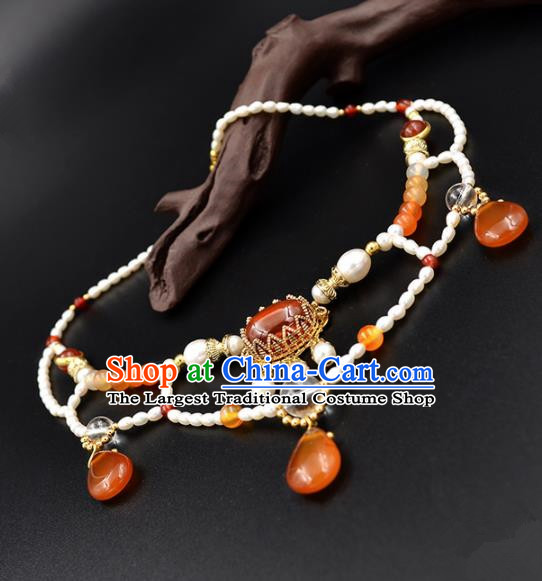 Chinese Ancient Court Wedding Agate Pearls Necklace Traditional Princess Hanfu Necklet Accessories for Women