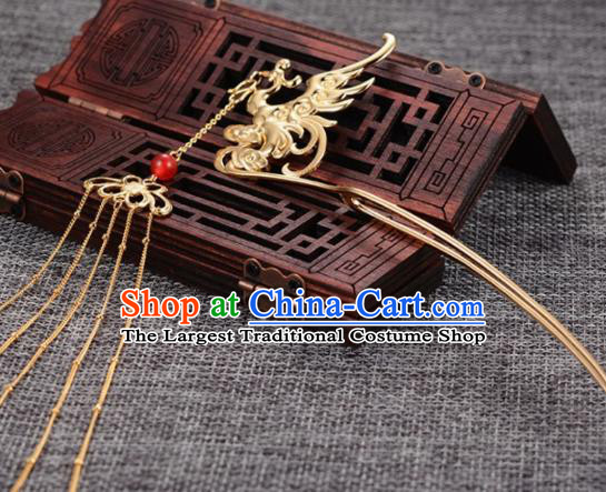 Chinese Ancient Princess Tassel Hair Clip Golden Phoenix Hairpins Traditional Handmade Hanfu Hair Accessories for Women