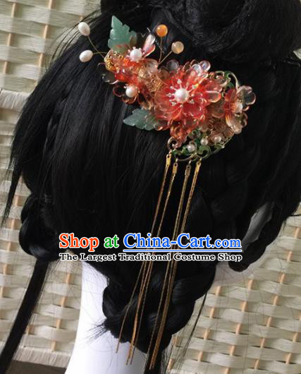 Chinese Ancient Princess Red Peony Tassel Hair Claw Hairpins Traditional Handmade Hanfu Hair Accessories for Women