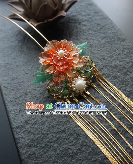 Chinese Ancient Princess Red Peony Tassel Hairpins Traditional Handmade Hanfu Hair Accessories for Women