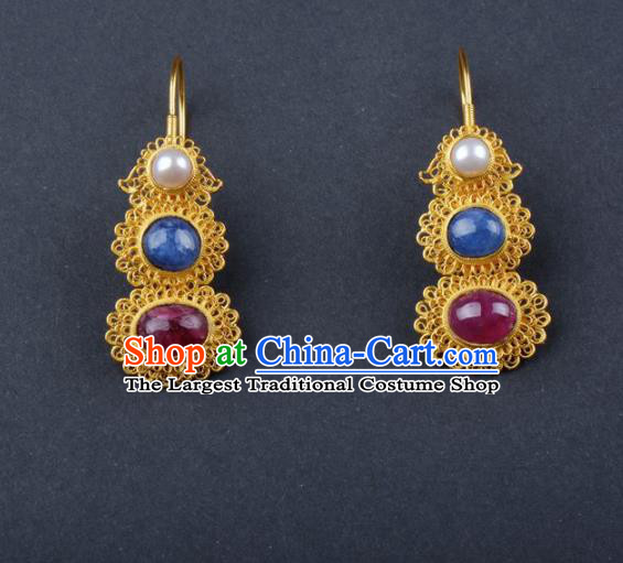 Chinese Ancient Court Golden Gem Earrings Traditional Princess Hanfu Wedding Ear Accessories for Women