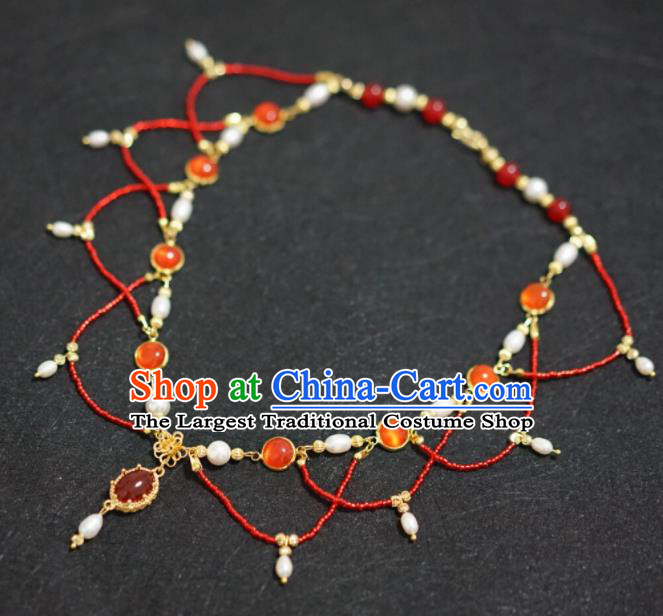 Chinese Ancient Court Wedding Red Beads Necklace Traditional Princess Hanfu Necklet Accessories for Women