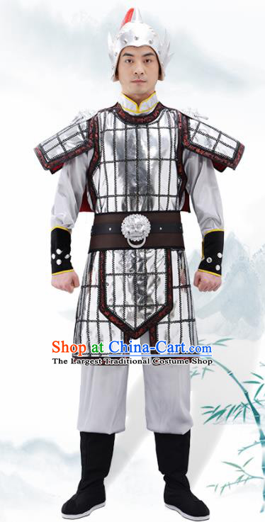 Traditional Chinese Tang Dynasty Warrior Argent Helmet and Armour Ancient Drama General Costumes for Men