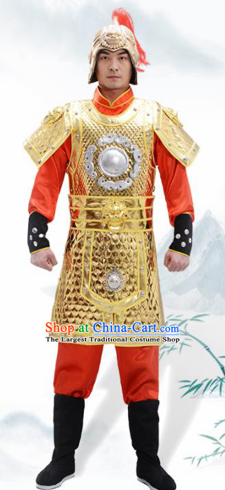 Traditional Chinese Han Dynasty Warrior Golden Helmet and Armour Ancient Drama General Costumes for Men