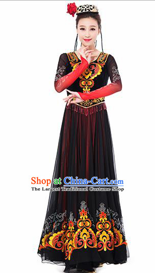 Traditional Chinese Uyghur Nationality Ethnic Costume Uigurian Minority Dance Black Dress for Women