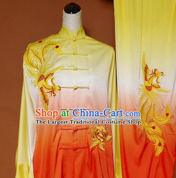 Chinese Traditional Best Martial Arts Embroidered Phoenix Orange Costume Kung Fu Competition Tai Chi Clothing for Women