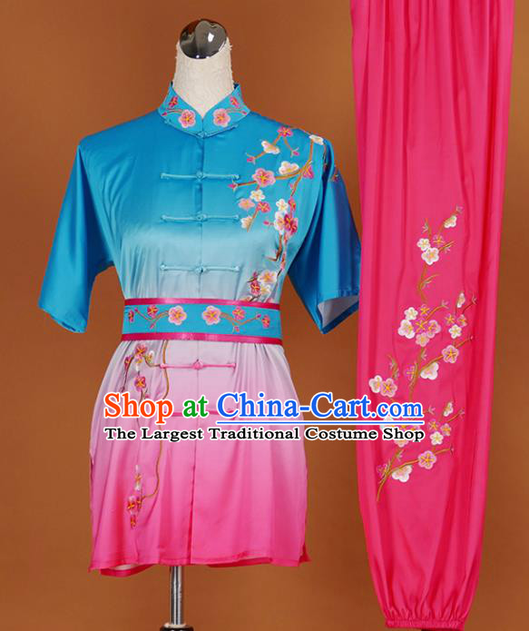 Chinese Traditional Best Martial Arts Embroidered Plum Blue Costume Kung Fu Competition Tai Chi Clothing for Women