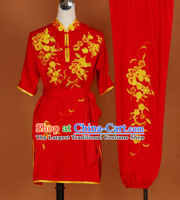Chinese Traditional Best Martial Arts Embroidered Peony Red Costume Kung Fu Competition Tai Chi Clothing for Women