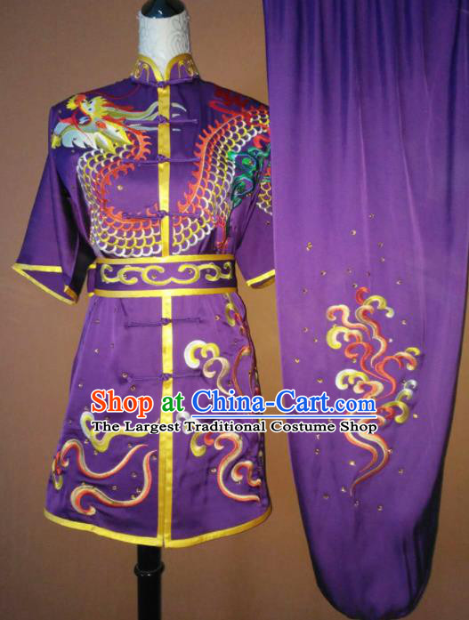 Best Martial Arts Competition Embroidered Dragon Purple Costume Chinese Traditional Kung Fu Tai Chi Training Clothing for Men