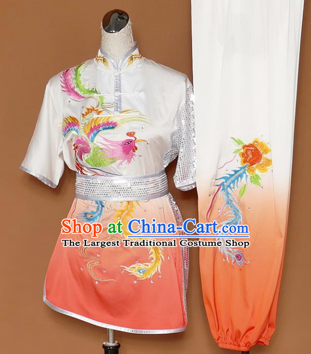 Chinese Traditional Best Martial Arts Embroidered Phoenix Peony Orange Costume Kung Fu Competition Tai Chi Clothing for Women