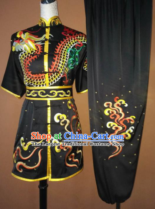 Best Martial Arts Competition Embroidered Dragon Black Costume Chinese Traditional Kung Fu Tai Chi Training Clothing for Men