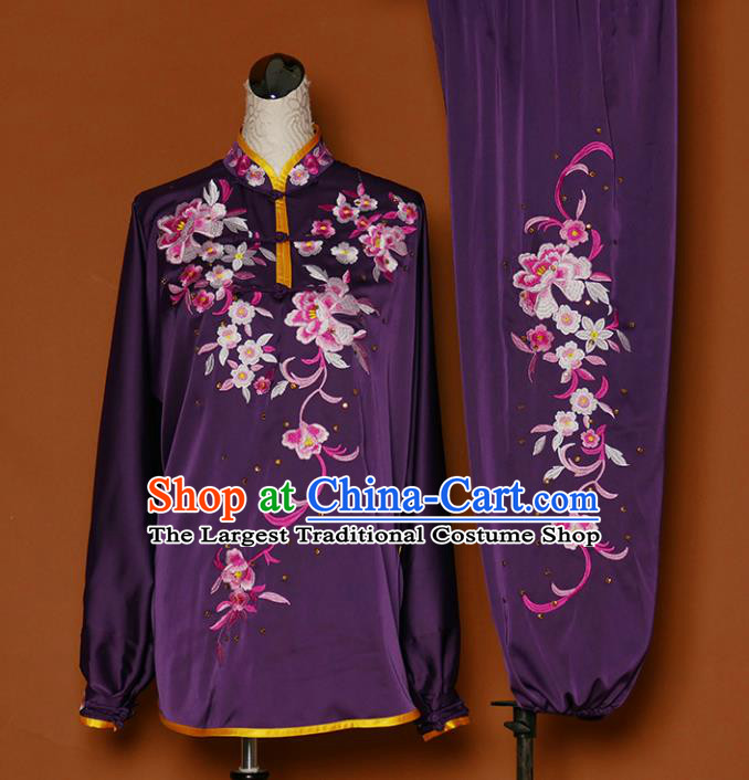 Chinese Traditional Best Martial Arts Embroidered Peony Purple Costume Kung Fu Competition Tai Chi Clothing for Women