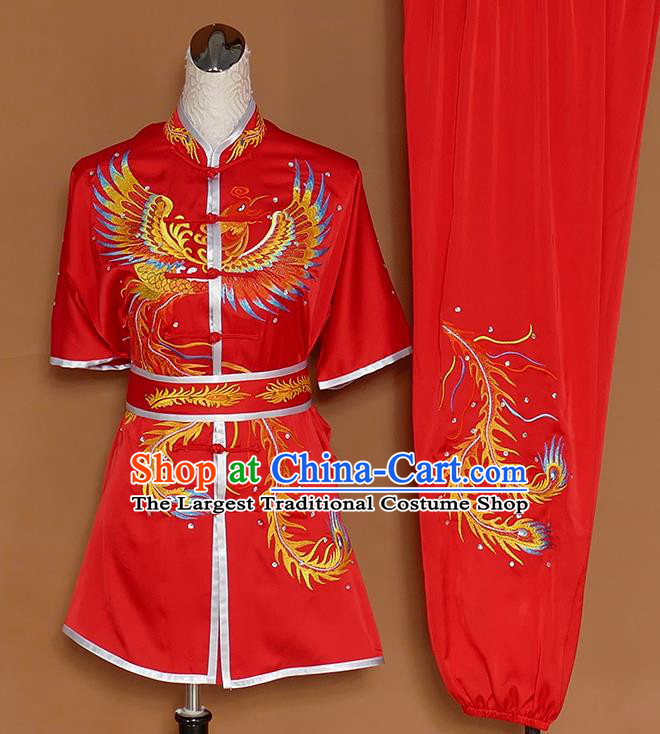 Chinese Professional Martial Arts Embroidered Phoenix Red Costume Traditional Kung Fu Competition Tai Chi Clothing for Women