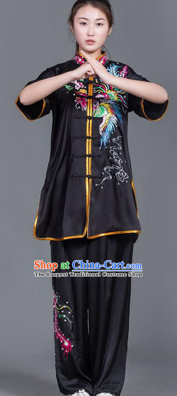 Chinese Martial Arts Competition Embroidered Phoenix Black Uniforms Traditional Kung Fu Tai Chi Training Costume for Men