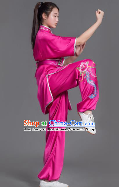 Chinese Martial Arts Competition Embroidered Phoenix Rosy Uniforms Traditional Kung Fu Tai Chi Training Costume for Men