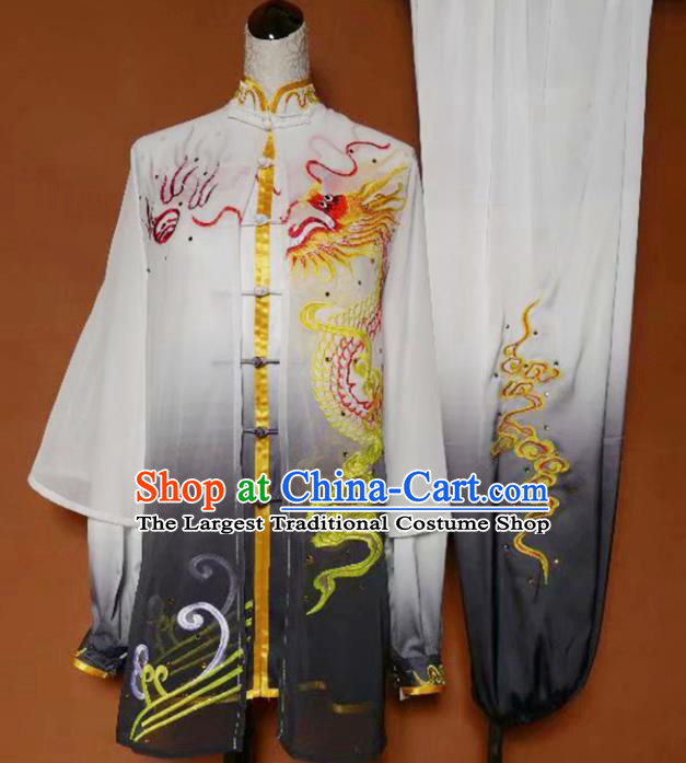 Best Martial Arts Competition Embroidered Dragon Grey Uniforms Chinese Traditional Kung Fu Tai Chi Training Costume for Men