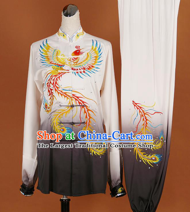 Chinese Traditional Best Martial Arts Embroidered Phoenix Grey Costume Kung Fu Competition Tai Chi Clothing for Women