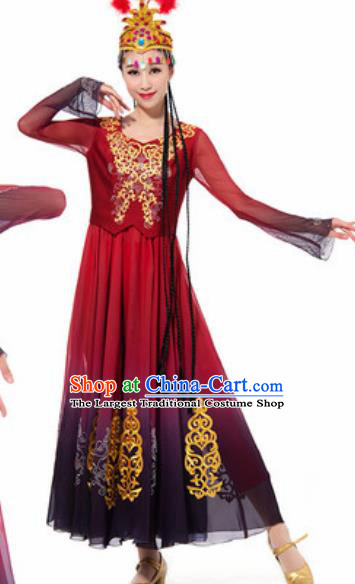 Traditional Chinese Uyghur Ethnic Costume Uyghurian Nationality Minority Dance Wine Red Dress for Women