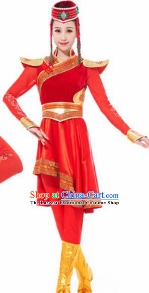 Traditional Chinese Mongol Ethnic Costume Mongolian Nationality Minority Dance Red Dress for Women