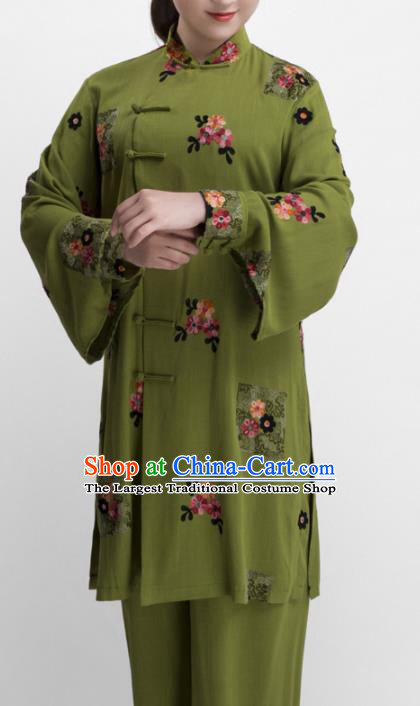 Chinese Traditional Martial Arts Olive Green Costume Kung Fu Tai Chi Training Clothing for Women