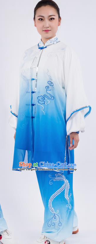 Chinese Traditional Martial Arts Gradient Blue Costume Kung Fu Competition Tai Chi Training Clothing for Women