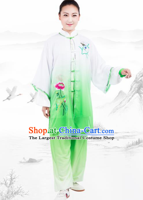 Chinese Traditional Martial Arts Embroidered Lotus Green Costume Kung Fu Competition Tai Chi Training Clothing for Women