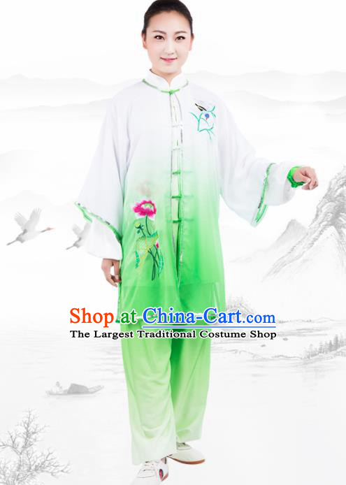 Chinese Traditional Martial Arts Embroidered Lotus Green Costume Kung Fu Competition Tai Chi Training Clothing for Women