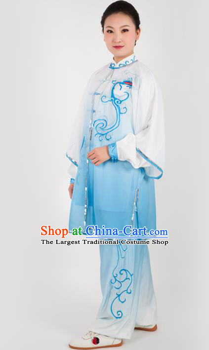 Chinese Traditional Martial Arts Embroidered Blue Costume Kung Fu Competition Tai Chi Training Clothing for Women