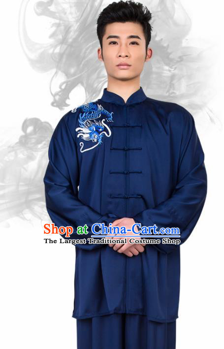 Chinese Traditional Martial Arts Competition Embroidered Dragon Navy Costume Kung Fu Tai Chi Training Clothing for Men