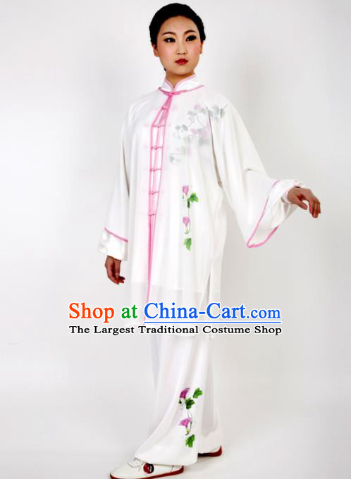 Chinese Traditional Martial Arts Printing Petunia White Costume Best Kung Fu Competition Tai Chi Training Clothing for Women