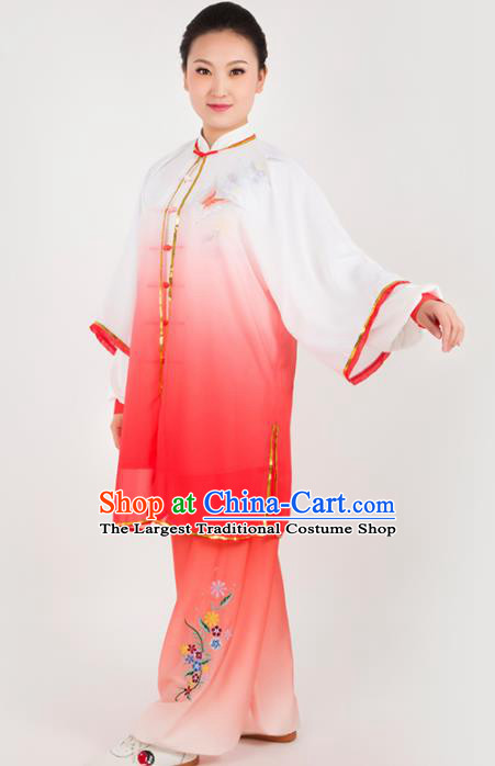 Chinese Traditional Martial Arts Embroidered Butterfly Red Costume Kung Fu Competition Tai Chi Training Clothing for Women