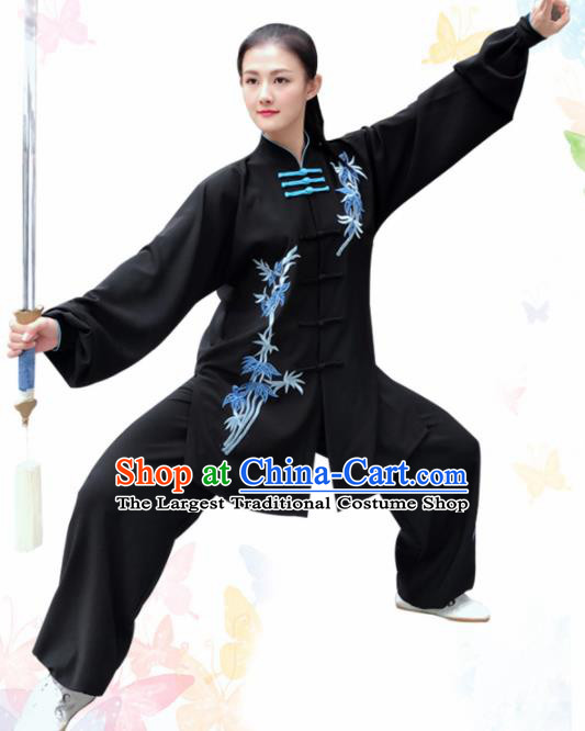 Professional Chinese Martial Arts Embroidered Bamboo Black Costume Traditional Kung Fu Competition Tai Chi Clothing for Women