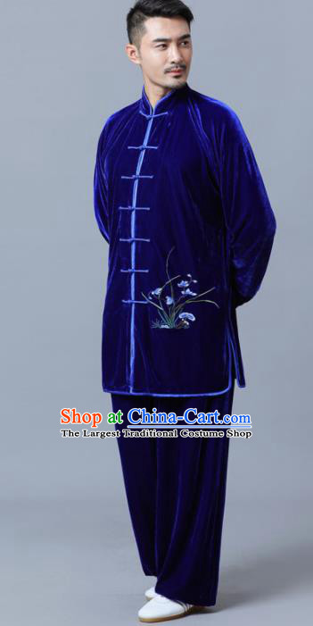 Traditional Chinese Martial Arts Competition Printing Orchid Royalblue Velvet Uniforms Kung Fu Tai Chi Training Costume for Men