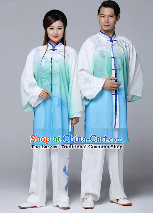 Traditional Chinese Martial Arts Competition Gradient Blue Uniforms Kung Fu Tai Chi Training Costume for Adults