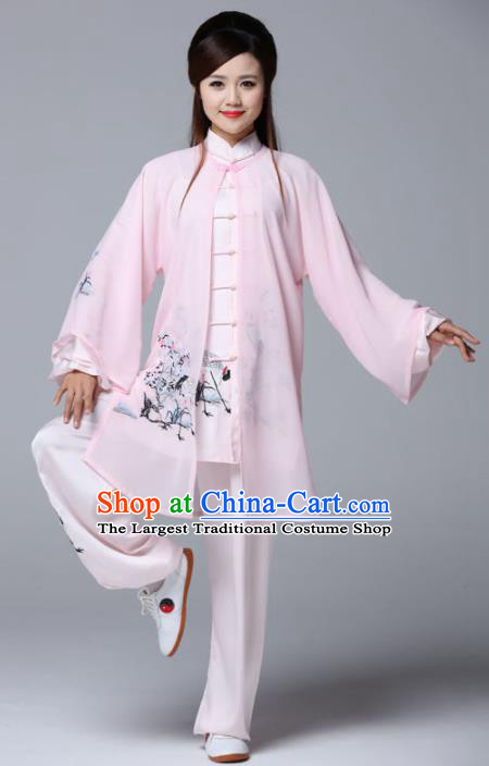 Professional Chinese Martial Arts Ink Painting Crane Pink Costume Traditional Kung Fu Competition Tai Chi Clothing for Women