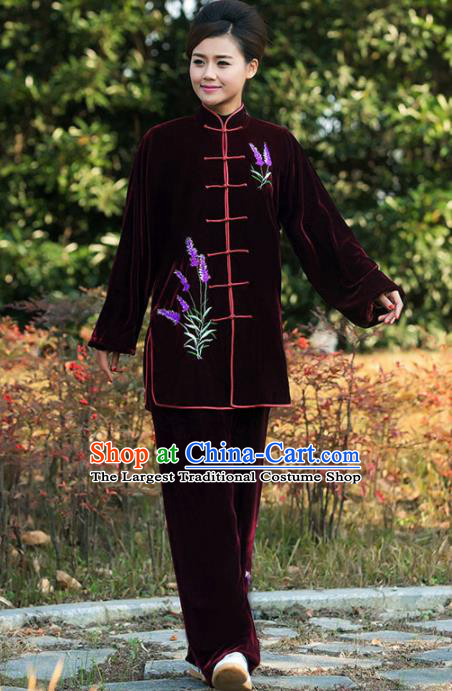 Professional Martial Arts Competition Embroidered Lavender Purplish Red Costume Chinese Traditional Kung Fu Tai Chi Clothing for Women