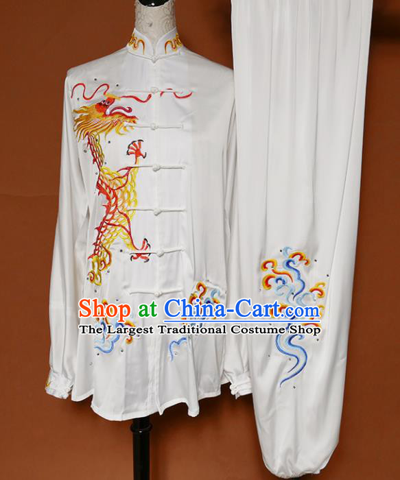 White Best Martial Arts Competition Embroidered Dragon Uniforms Chinese Traditional Kung Fu Tai Chi Training Costume for Men