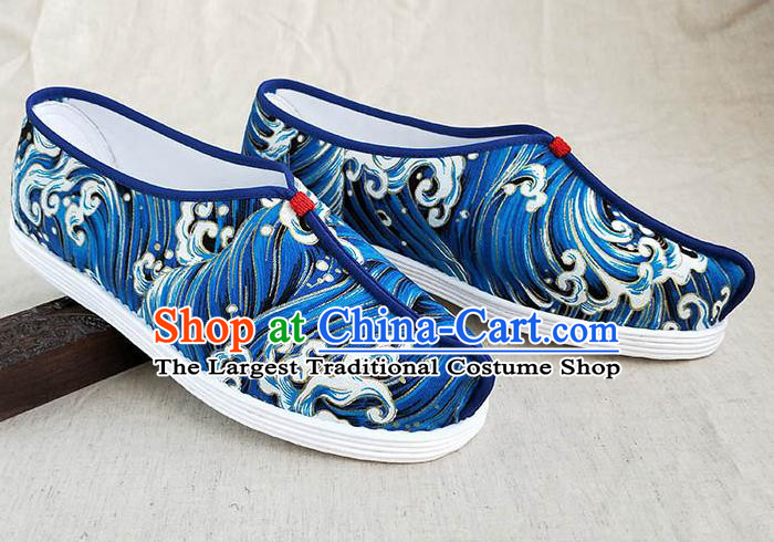 Traditional Chinese Printing Wave Blue Shoes Handmade Multi Layered Cloth Shoes Martial Arts Shoes for Men