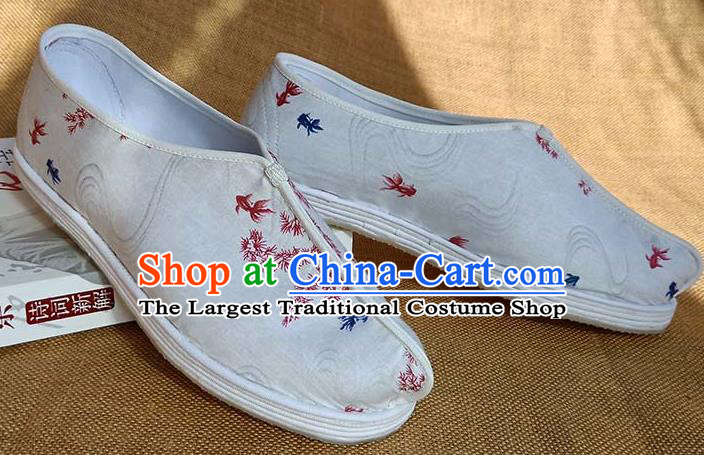 Traditional Chinese Printing Goldfish White Shoes Handmade Multi Layered Cloth Shoes Martial Arts Shoes for Men