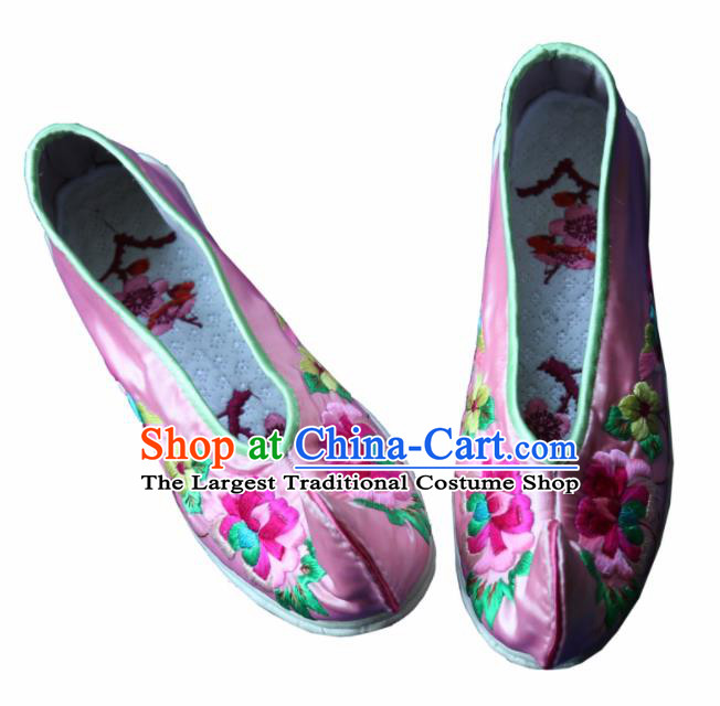 Traditional Chinese Embroidered Peony Pink Shoes Handmade Hanfu Shoes Ancient Princess Satin Shoes for Women