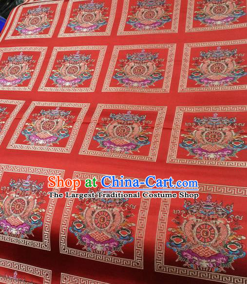 Asian Chinese Traditional Buddhism Eight Treasures Pattern Design Red Brocade Fabric Tibetan Robe Silk Material