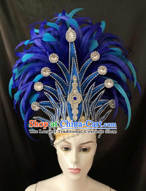 Customized Halloween Cosplay Deluxe Blue Feather Hair Accessories Brazil Parade Catwalks Giant Headpiece for Women