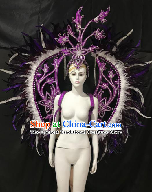 Customized Halloween Samba Dance Purple Feather Props Brazil Parade Wings Backboard and Headpiece for Women