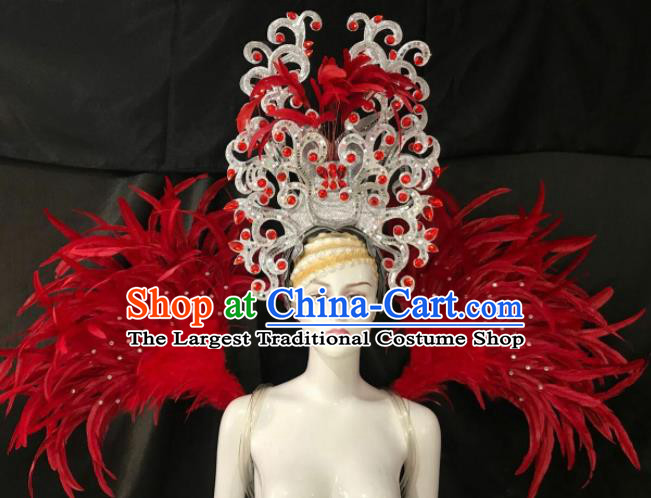 Customized Halloween Samba Dance Red Feather Props Brazil Parade Wings Backboard and Headpiece for Women