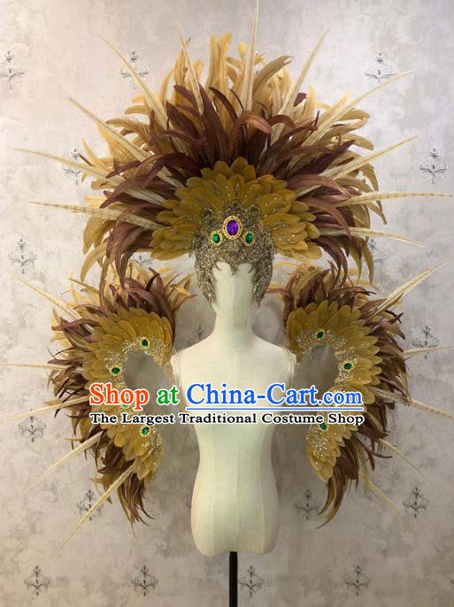 Customized Halloween Samba Dance Prop Brazil Parade Yellow Feather Wings Backboard and Headpiece for Women