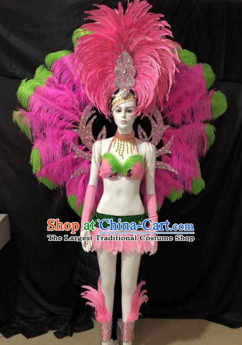 Customized Halloween Samba Dance Costumes Brazil Parade Rosy Feather Wings Backboard and Headpiece for Women