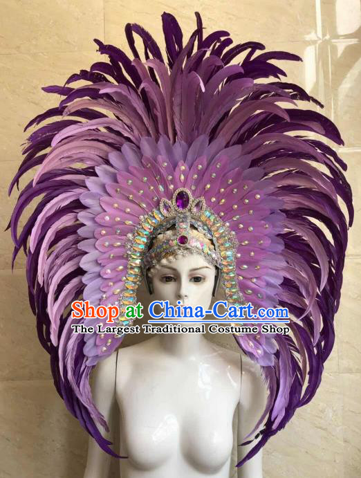 Customized Halloween Carnival Purple Feather Giant Hair Accessories Brazil Parade Samba Dance Headpiece for Women