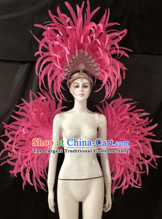 Customized Halloween Samba Dance Pink Feather Props Brazil Parade Backboard and Giant Headpiece for Women